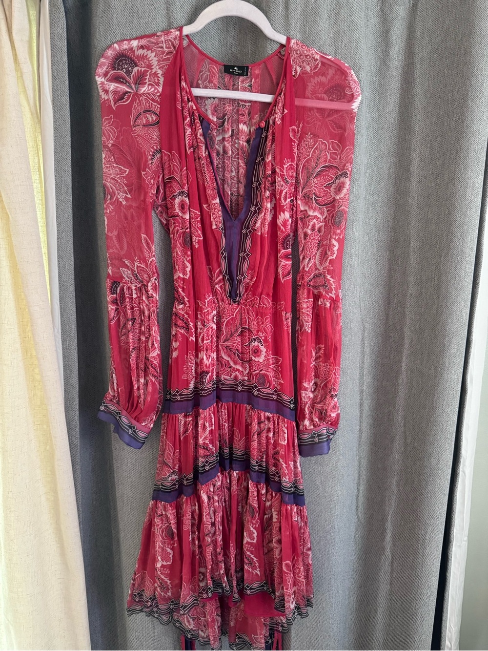 Etro Boho Pink Floral Long-Sleeve Tiered Dress